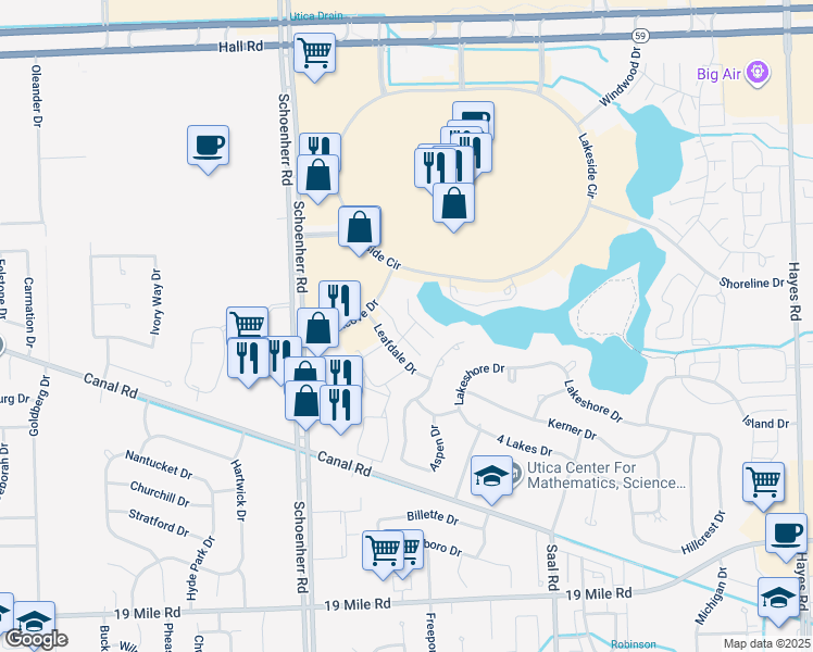 map of restaurants, bars, coffee shops, grocery stores, and more near 13810 Horseshoe Drive in Sterling Heights