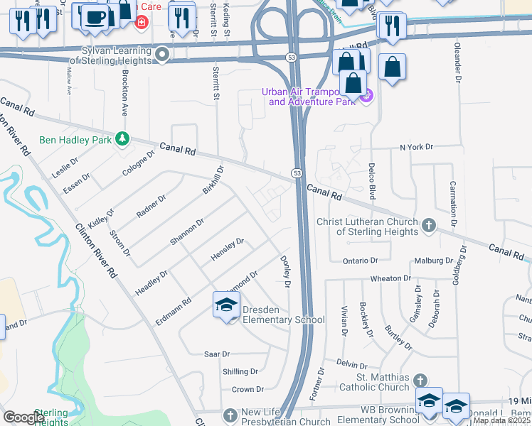 map of restaurants, bars, coffee shops, grocery stores, and more near 44036 Donley Drive in Sterling Heights