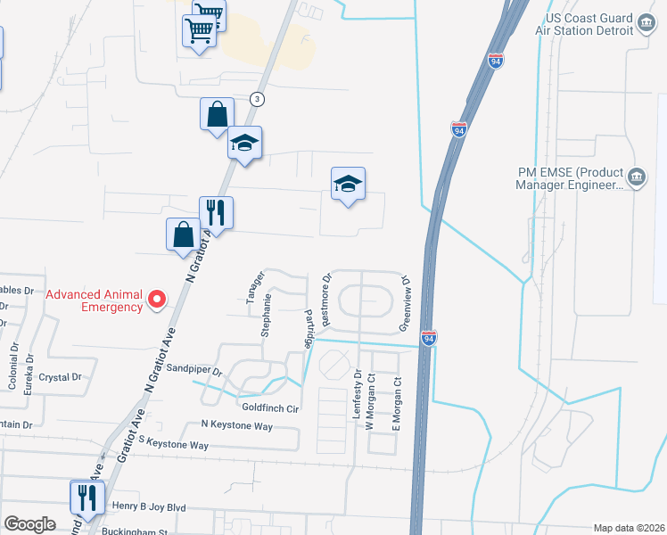 map of restaurants, bars, coffee shops, grocery stores, and more near 43624 Restmore Drive in Harrison Township