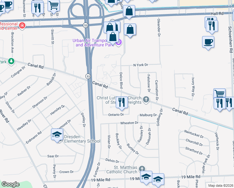 map of restaurants, bars, coffee shops, grocery stores, and more near 11946 Shetland Court in Sterling Heights