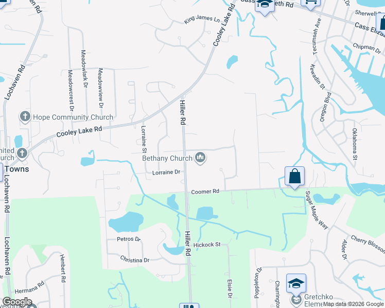 map of restaurants, bars, coffee shops, grocery stores, and more near 1382 Hiller Road in Waterford Township