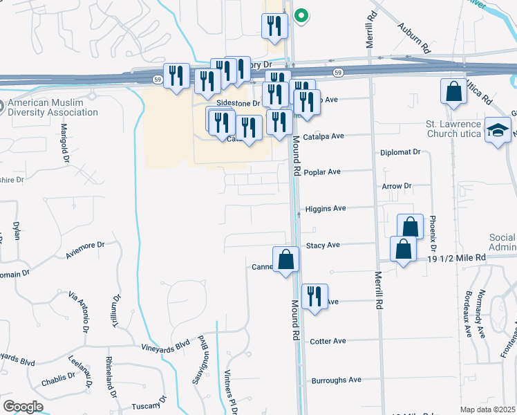 map of restaurants, bars, coffee shops, grocery stores, and more near 5571 Pine Aires Drive in Sterling Heights