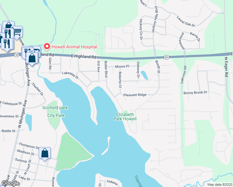 map of restaurants, bars, coffee shops, grocery stores, and more near 1191 Butler Boulevard in Howell
