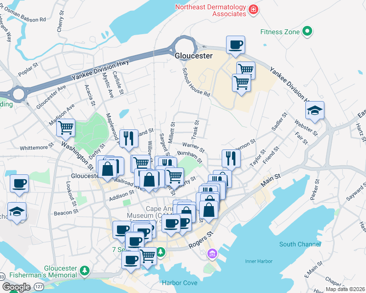 map of restaurants, bars, coffee shops, grocery stores, and more near 13 Burnham Street in Gloucester