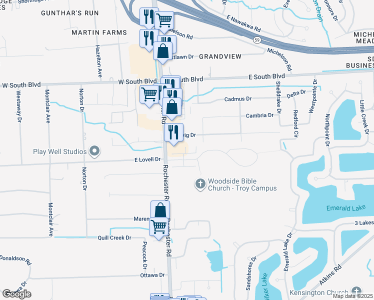 map of restaurants, bars, coffee shops, grocery stores, and more near 1216 Alameda Boulevard in Troy