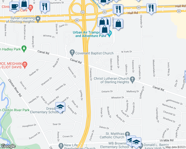 map of restaurants, bars, coffee shops, grocery stores, and more near 43964 Freeway Drive in Sterling Heights