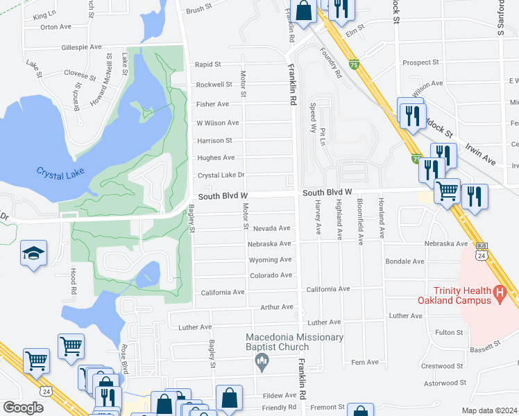 map of restaurants, bars, coffee shops, grocery stores, and more near 502 Montana Avenue in Pontiac
