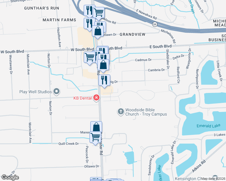 map of restaurants, bars, coffee shops, grocery stores, and more near 1216 Alameda Boulevard in Troy