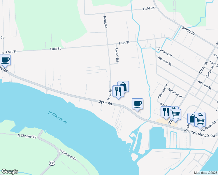 map of restaurants, bars, coffee shops, grocery stores, and more near 9657 Nook Road in Clay Township