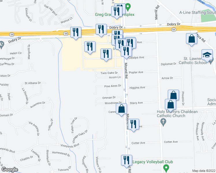 map of restaurants, bars, coffee shops, grocery stores, and more near 5448 Pine Aires Drive in Sterling Heights
