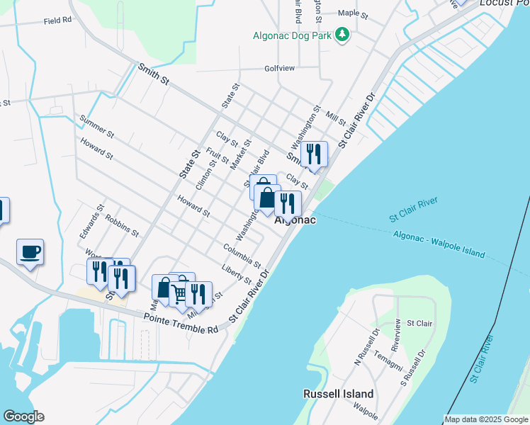 map of restaurants, bars, coffee shops, grocery stores, and more near 1031 Saint Clair River Drive in Algonac
