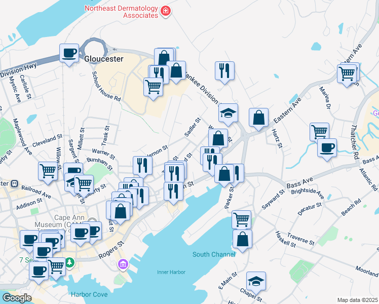 map of restaurants, bars, coffee shops, grocery stores, and more near 7 Silva Court in Gloucester