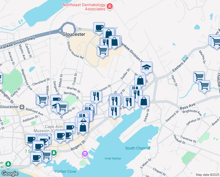 map of restaurants, bars, coffee shops, grocery stores, and more near 16 Perkins Street in Gloucester