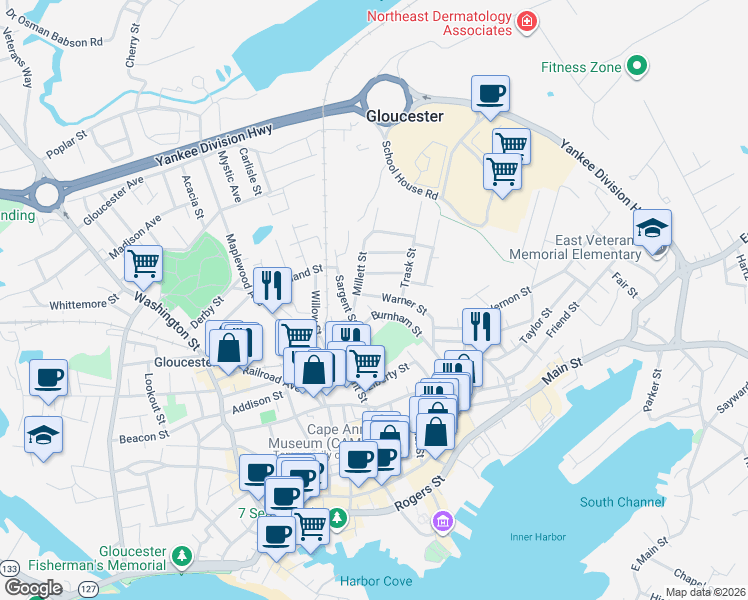 map of restaurants, bars, coffee shops, grocery stores, and more near 13 Burnham Street in Gloucester