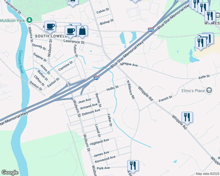 map of restaurants, bars, coffee shops, grocery stores, and more near 55 Hollis Street in Lowell
