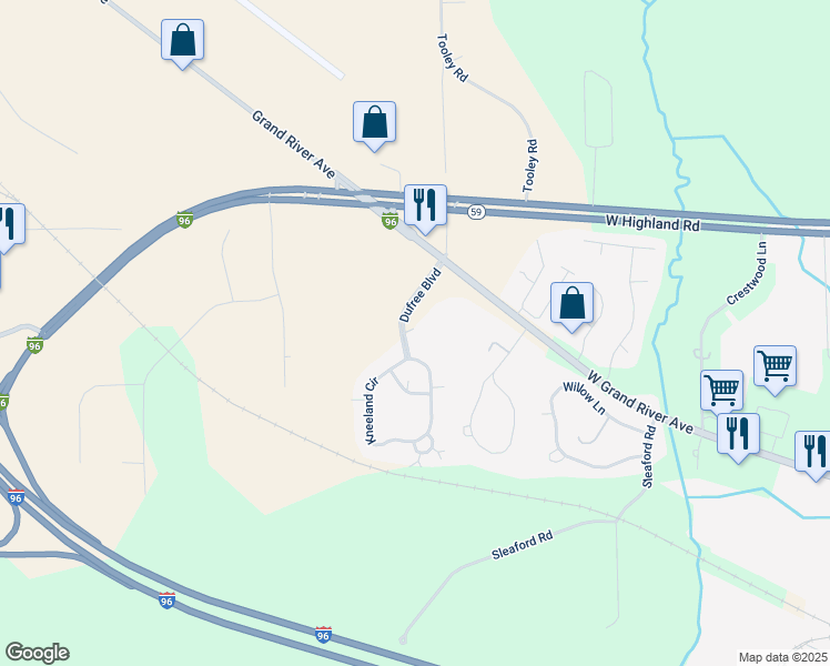 map of restaurants, bars, coffee shops, grocery stores, and more near 3058 Kneeland Circle in Howell