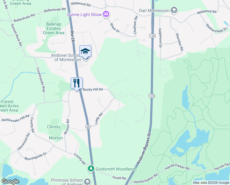 map of restaurants, bars, coffee shops, grocery stores, and more near 28 Rocky Hill Road in Andover