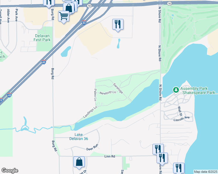 map of restaurants, bars, coffee shops, grocery stores, and more near 2173 Jefferson Lane in Delavan