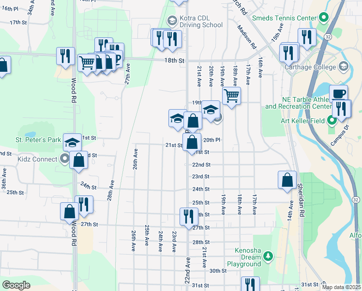 map of restaurants, bars, coffee shops, grocery stores, and more near 21st Street in Kenosha