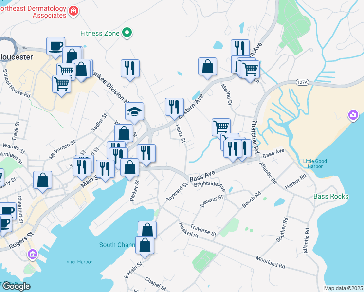 map of restaurants, bars, coffee shops, grocery stores, and more near 13 Hartz Street in Gloucester