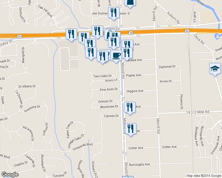 map of restaurants, bars, coffee shops, grocery stores, and more near 5571 Pine Aires Drive in Sterling Heights
