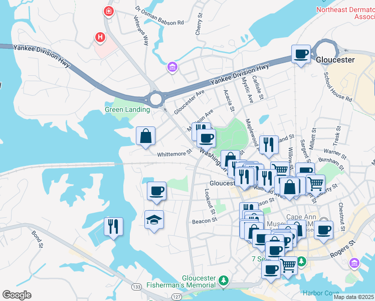 map of restaurants, bars, coffee shops, grocery stores, and more near 6 Baker Street in Gloucester