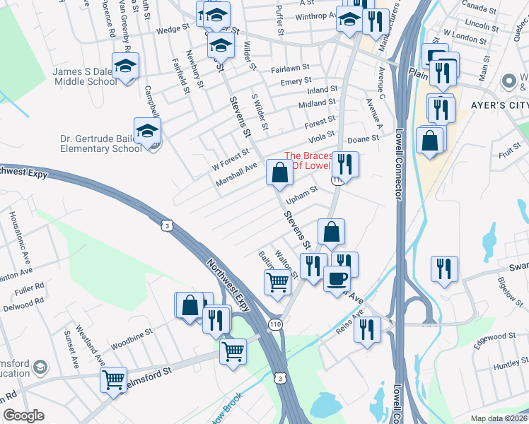 map of restaurants, bars, coffee shops, grocery stores, and more near 5 Chatham Street in Lowell