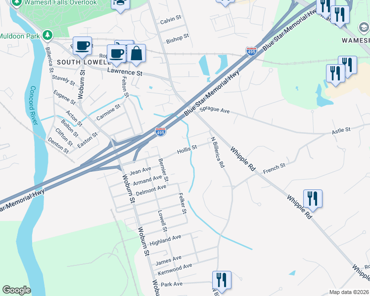 map of restaurants, bars, coffee shops, grocery stores, and more near 1 North Billerica Road in Lowell