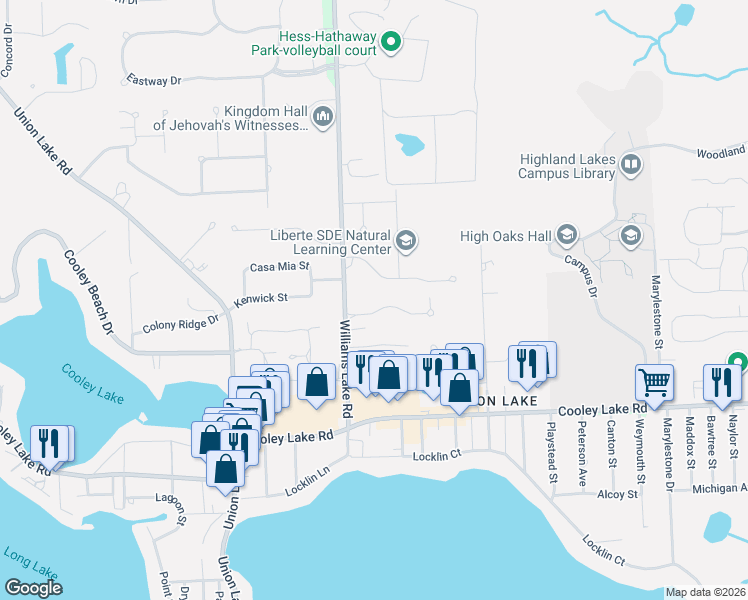 map of restaurants, bars, coffee shops, grocery stores, and more near 7919 Rampart Trail in Waterford Township