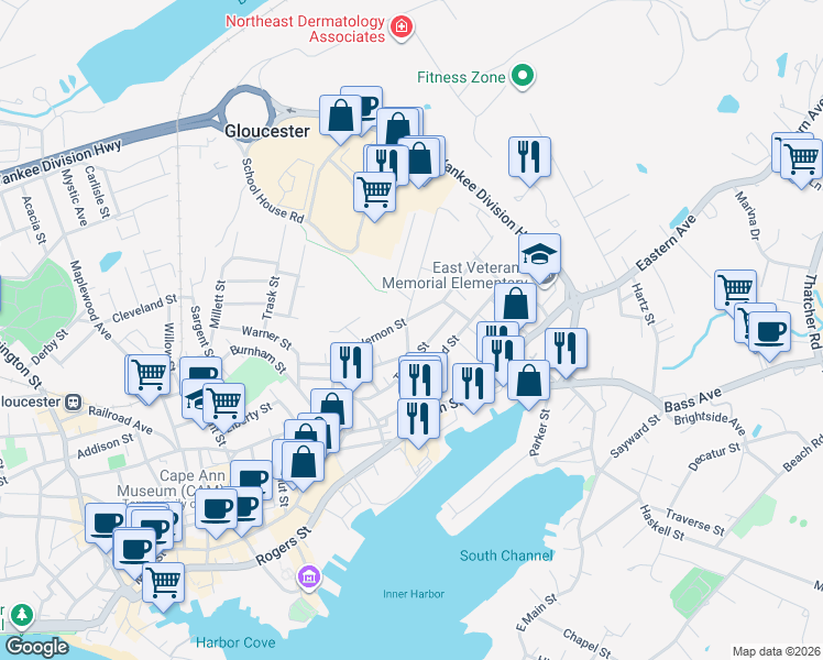 map of restaurants, bars, coffee shops, grocery stores, and more near 33 Perkins Street in Gloucester