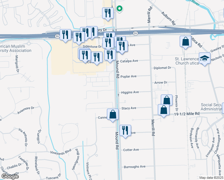 map of restaurants, bars, coffee shops, grocery stores, and more near 5789 Pine Aires Drive in Sterling Heights