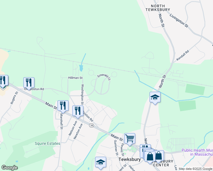 map of restaurants, bars, coffee shops, grocery stores, and more near 2000 Emerald Court in Tewksbury