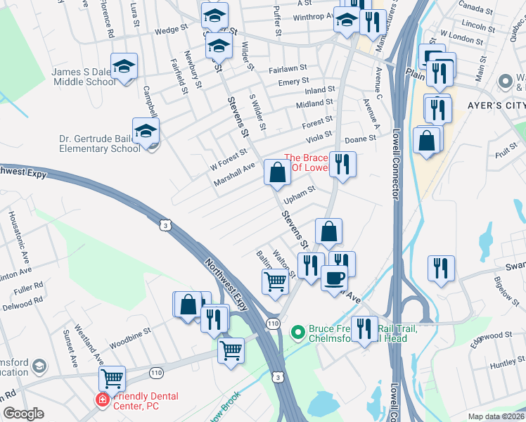 map of restaurants, bars, coffee shops, grocery stores, and more near 5 Chatham Street in Lowell