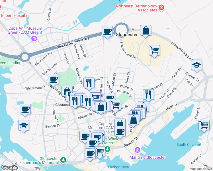 map of restaurants, bars, coffee shops, grocery stores, and more near 29 Sargent Street in Gloucester