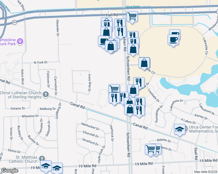 map of restaurants, bars, coffee shops, grocery stores, and more near 13471 Forest Ridge Boulevard in Sterling Heights