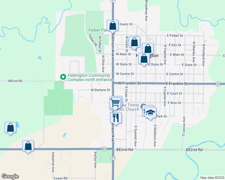map of restaurants, bars, coffee shops, grocery stores, and more near 401 West Darlene Street in Hartington