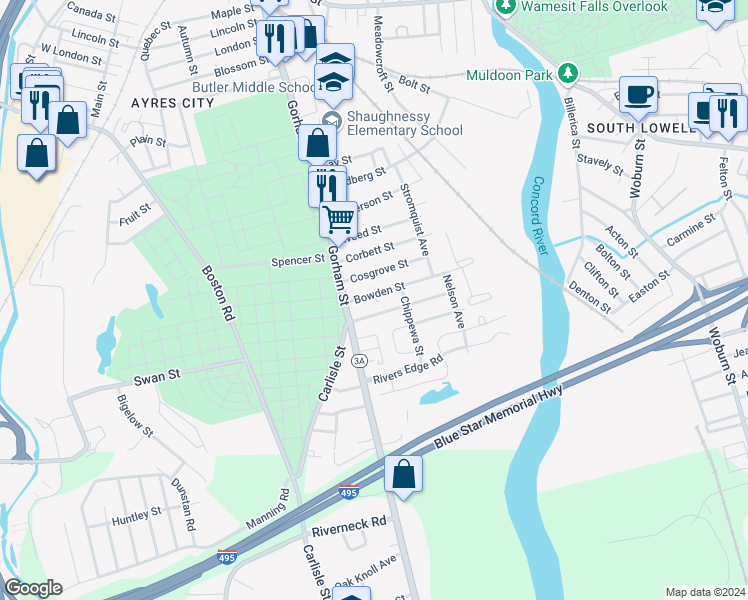 map of restaurants, bars, coffee shops, grocery stores, and more near 29 Bowden Street in Lowell