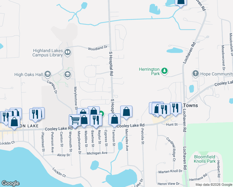 map of restaurants, bars, coffee shops, grocery stores, and more near 1221-1271 South Hospital Road in Waterford Township