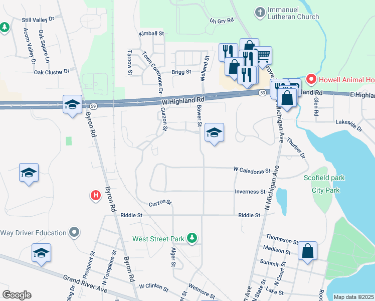 map of restaurants, bars, coffee shops, grocery stores, and more near 1230 Bower Street in Howell