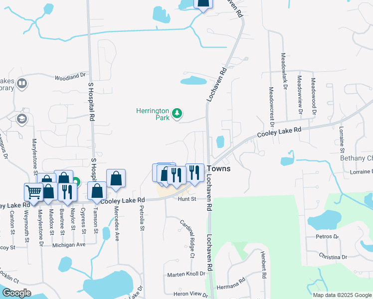 map of restaurants, bars, coffee shops, grocery stores, and more near 6567 Woodhaven Drive in Waterford Township