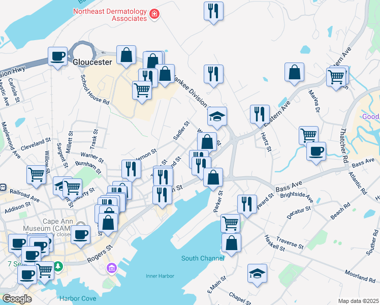 map of restaurants, bars, coffee shops, grocery stores, and more near 86 Friend Street in Gloucester