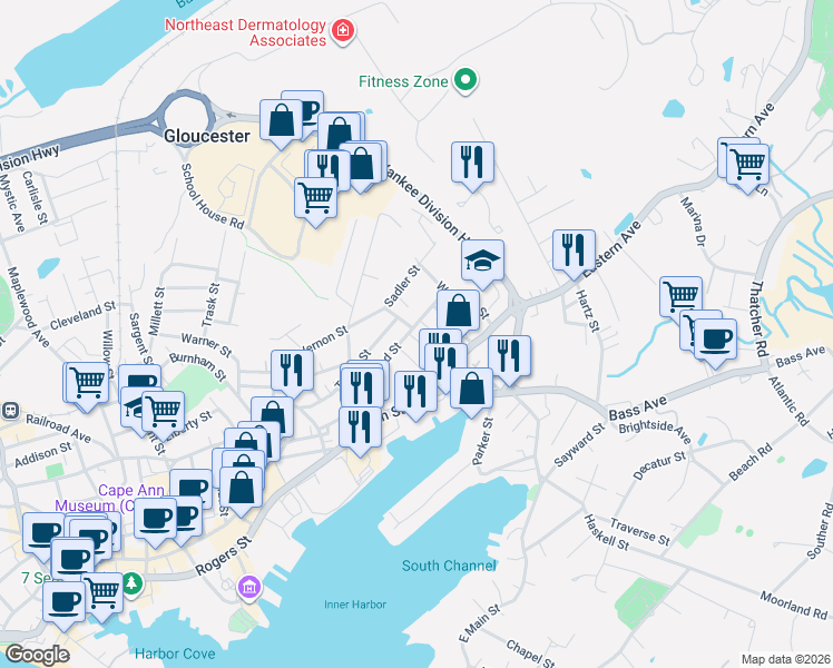 map of restaurants, bars, coffee shops, grocery stores, and more near 86 Friend Street in Gloucester