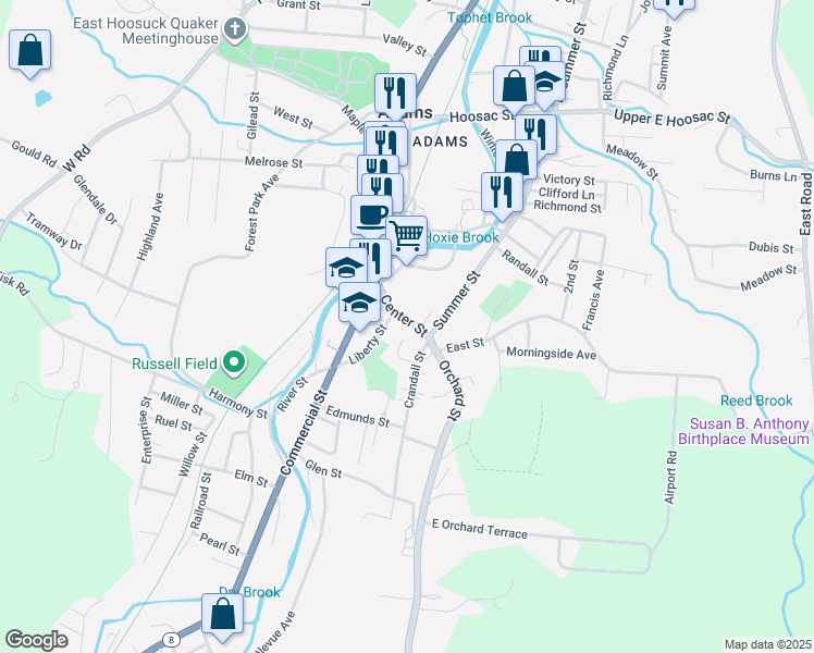 map of restaurants, bars, coffee shops, grocery stores, and more near 64 Center Street in Adams
