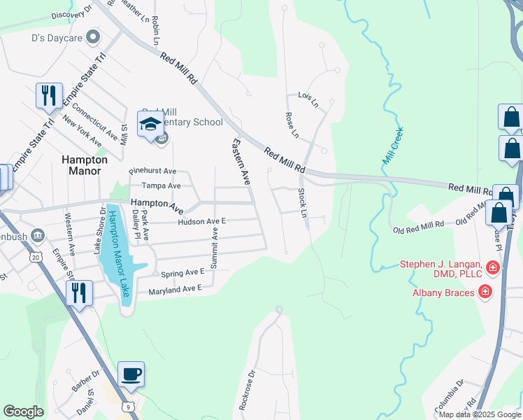map of restaurants, bars, coffee shops, grocery stores, and more near 11 McDonald Lane in Rensselaer