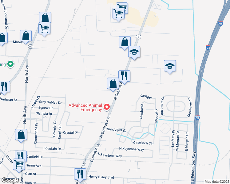 map of restaurants, bars, coffee shops, grocery stores, and more near 23621 Stragier Drive in Charter Township of Clinton