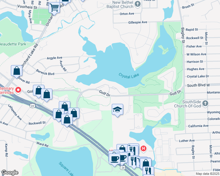 map of restaurants, bars, coffee shops, grocery stores, and more near 864 Golf Drive in Pontiac