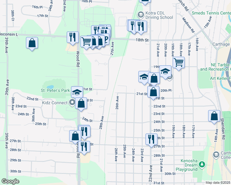 map of restaurants, bars, coffee shops, grocery stores, and more near 2515 20th Place in Kenosha