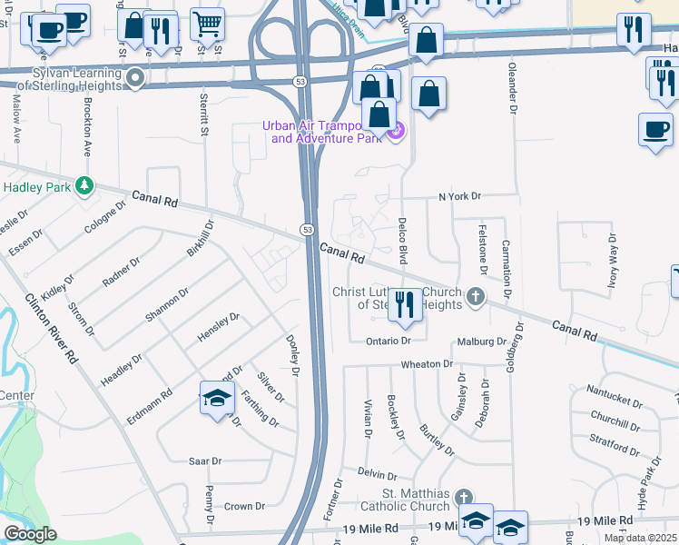 map of restaurants, bars, coffee shops, grocery stores, and more near 43964 Freeway Drive in Sterling Heights