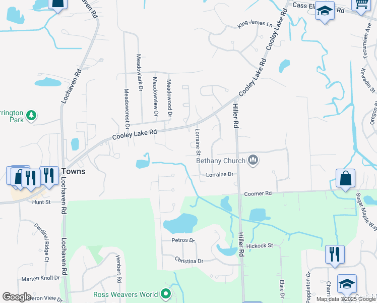 map of restaurants, bars, coffee shops, grocery stores, and more near 1352 Lorraine Drive in Waterford Township