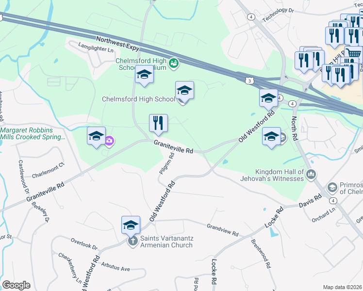 map of restaurants, bars, coffee shops, grocery stores, and more near 35 Graniteville Road in Chelmsford